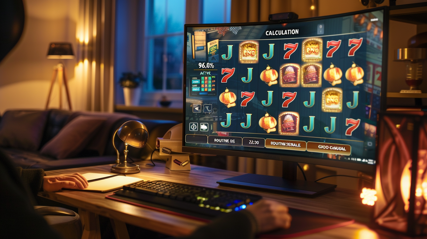 Un monitor PC in una stanza buia mostra un'interfaccia di slot machine digitale con simboli classici come il numero 7. Sulla scrivania si vedono una tastiera e una lampada calda; sullo schermo compaiono dati tecnici come la percentuale RTP.
