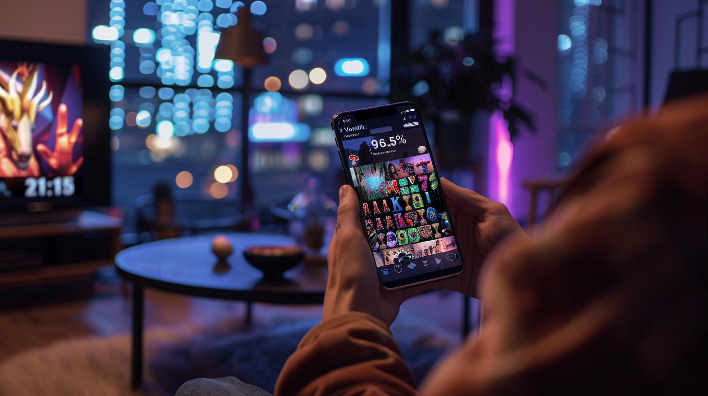 Una persona tiene in mano uno smartphone visualizzando un'app di casinò online con grafiche colorate e dati di gioco. Sullo sfondo, un soggiorno moderno con luci soffuse e la vista notturna della città attraverso la finestra.