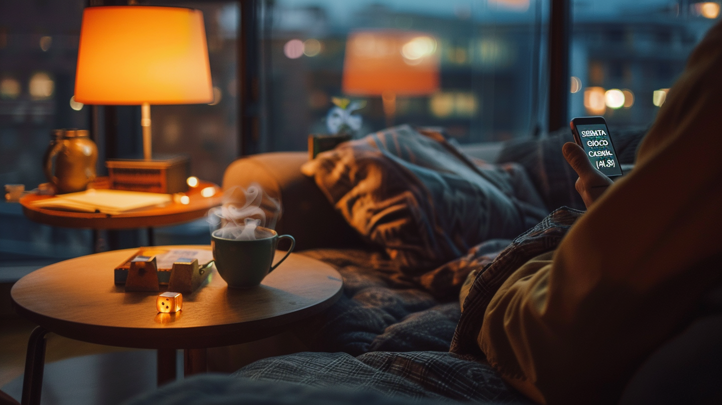 Una visuale ravvicinata di un divano con cuscini e coperte in un interno caldo e soffuso. In primo piano, un tavolino di legno con una tazza fumante; sullo sfondo, luci calde e la sagoma di una città di notte attraverso la finestra.
